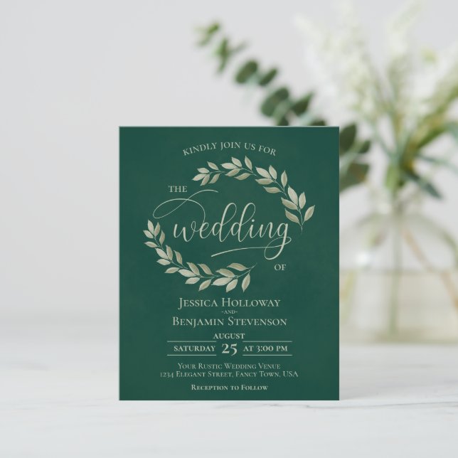 Rustic Leaves Emerald Green BUDGET Wedding Invite (Standing Front)