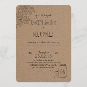 Rustic Leaves   Mason Jar Heart Wedding Invitation