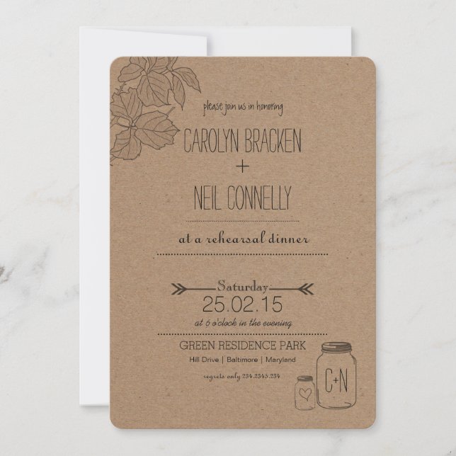 Rustic Leaves| Masonjar | Heart Rehearsal Dinner Invitation (Front)