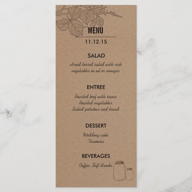 Rustic | Leaves Masonjar | Wedding Menu Rack Card (Front)