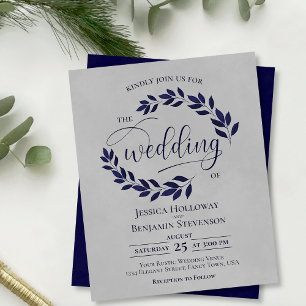 Rustic Leaves Navy Blue Grey BUDGET Wedding Invite