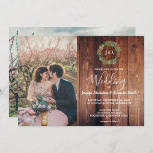 Rustic leaves on barn wood monogram photo Wedding Invitation