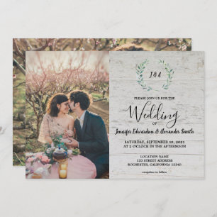 Rustic leaves on barn wood monogram photo Wedding Invitation