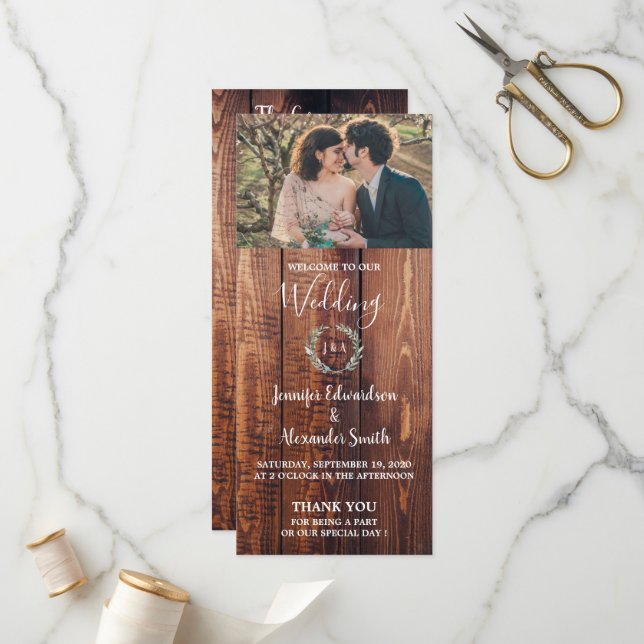 Rustic leaves on barn wood photo wedding program programme (Front/Back In Situ)