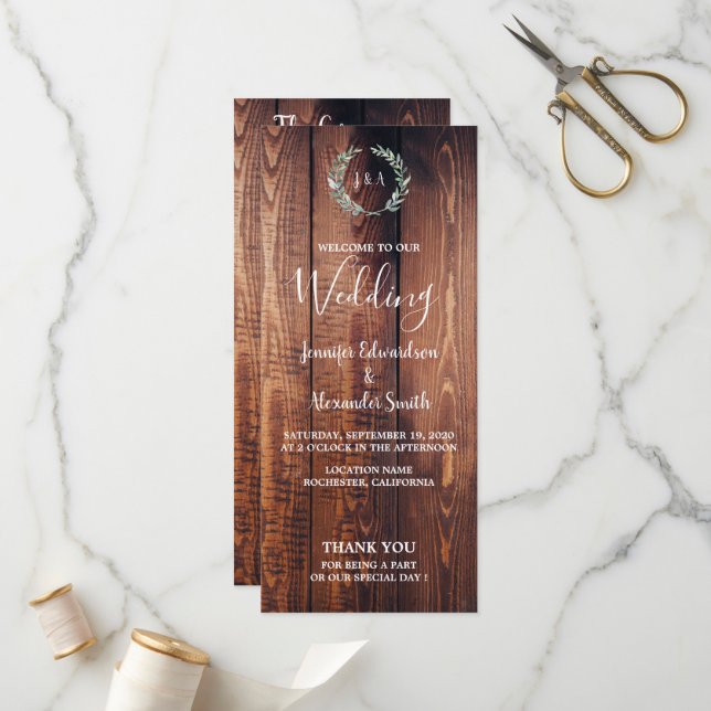 Rustic leaves on barn wood wedding program programme (Front/Back In Situ)
