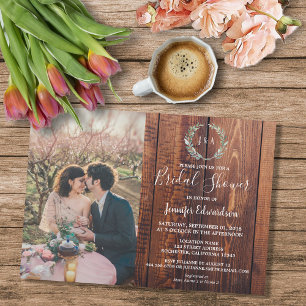 Rustic leaves on wood monogram photo Bridal Shower Invitation
