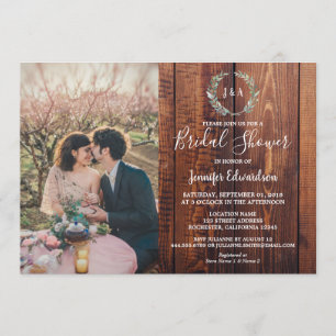 Rustic leaves on wood monogram photo Bridal Shower Invitation