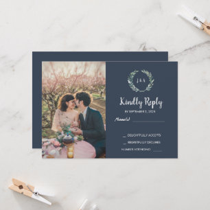 Rustic leaves on wood monogram photo RSVP Wedding Invitation