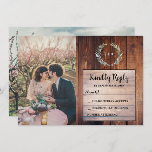 Rustic leaves on wood monogram photo Wedding RSVP Invitation