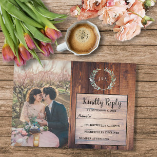 Rustic leaves on wood monogram photo Wedding RSVP Invitation