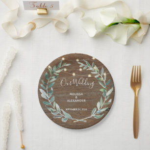 Rustic leaves on wood string lights wedding paper plate