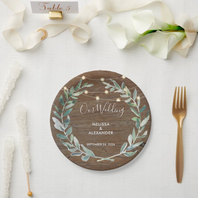 Rustic leaves on wood string lights wedding paper plate (Wedding)