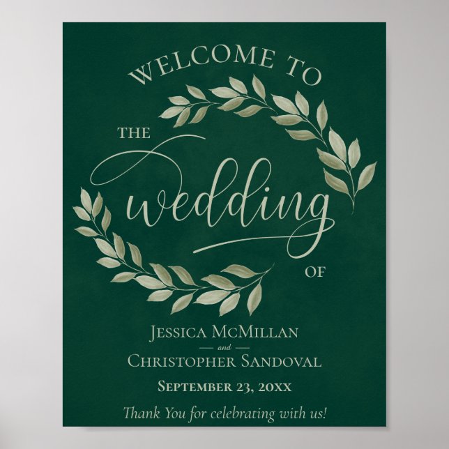 Rustic Leaves Sage & Emerald Wedding Welcome Sign (Front)