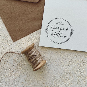 Rustic Leaves Script Names Round Wedding Thank You Self-inking Stamp