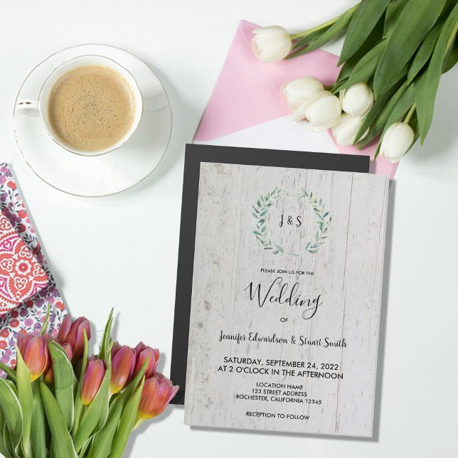 Rustic leaves wood monogram magnetic wedding (Rustic leaves on barn wood monogrammed magnetic wedding invitation.)