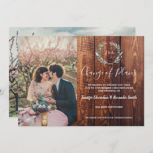 Rustic leaves wood monogram wedding cancellation invitation (Front/Back)