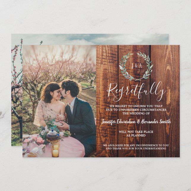 Rustic leaves wood monogram wedding cancellation invitation (Front/Back)