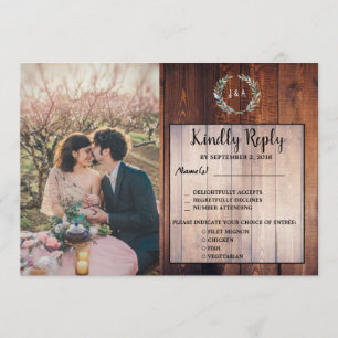 Rustic leaves wood photo Wedding RSVP meal choice Invitation