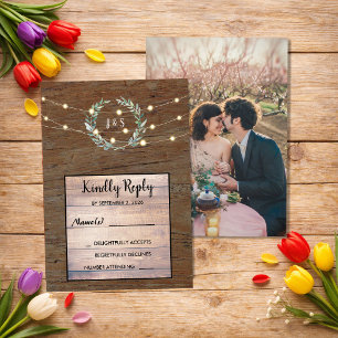 Rustic leaves wood string lights Wedding RSVP Invitation