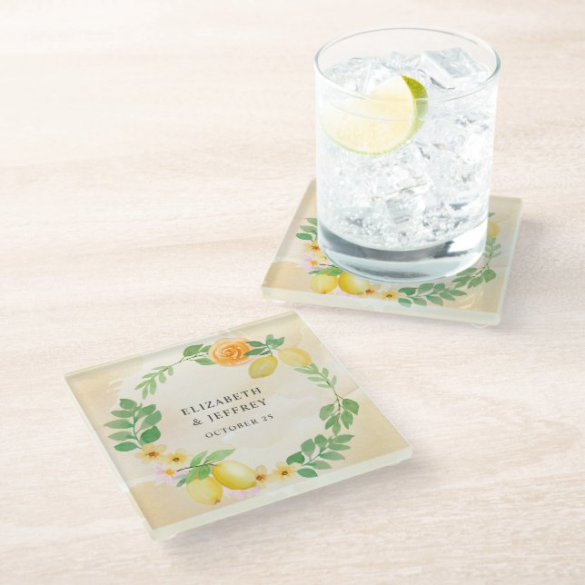 Rustic Lemon Citrus Boho Summer Wedding Glass Coaster (Angled)