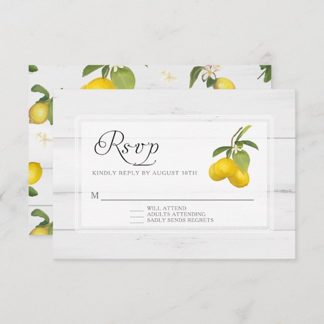 Rustic Lemon Citrus Floral Yellow White Wood  RSVP Card (Front/Back)