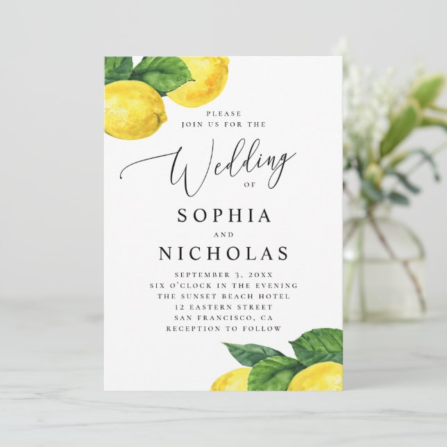Rustic Lemon Grove Wedding | Watercolor Citrus Invitation (Standing Front)