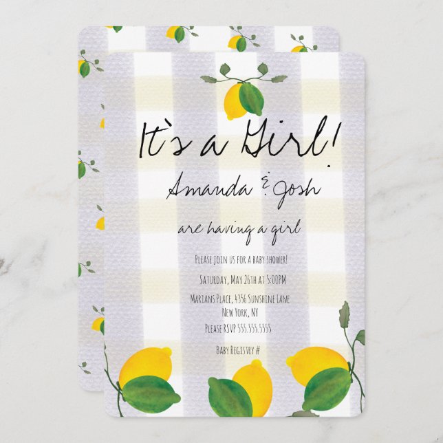 Rustic Lemon Watercolor Citrus Country Baby Shower Invitation (Front/Back)