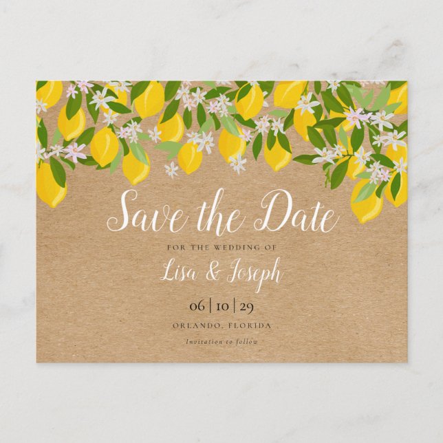 Rustic Lemons Blossom Elegant Save the Date Announcement Postcard (Front)
