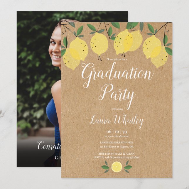 Rustic Lemons Greenery Photo Graduation Party Invitation (Front/Back)