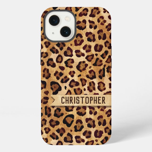 Rustic Leopard Print Skin Add Name iPhone Case (Back)
