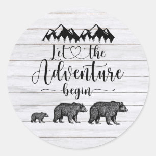 Rustic Let The Adventure Begin Pregnancy Announcem Classic Round Sticker