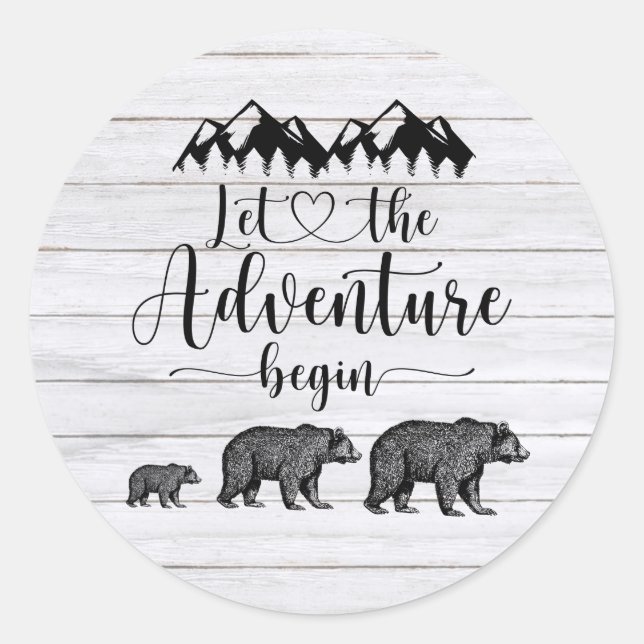 Rustic Let The Adventure Begin Pregnancy Announcem Classic Round Sticker (Front)