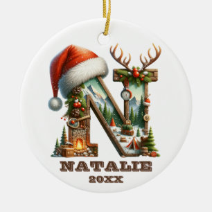 Rustic Letter N with Festive Winter Scene Ceramic Tree Decoration