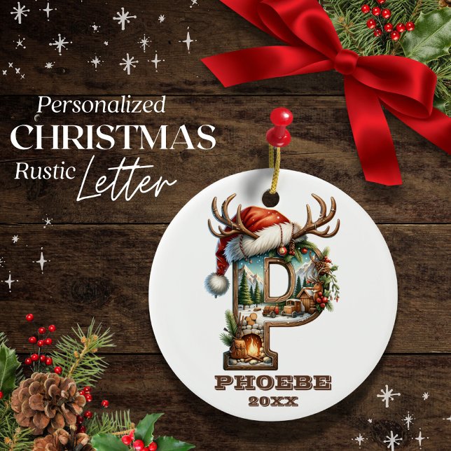 Rustic Letter P with Festive Winter Cabin Scene Ceramic Tree Decoration (Creator Uploaded)