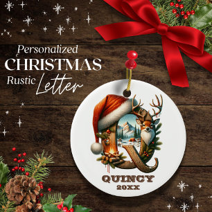 Rustic Letter Q Christmas Scene Personalizable Ceramic Tree Decoration