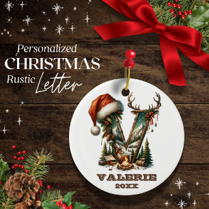 Rustic Letter V Personalizable Holiday Gift Ceramic Tree Decoration