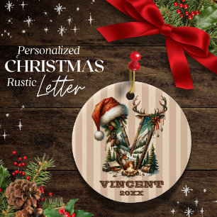 Rustic Letter V Vintage Holiday Personalised Ceramic Tree Decoration