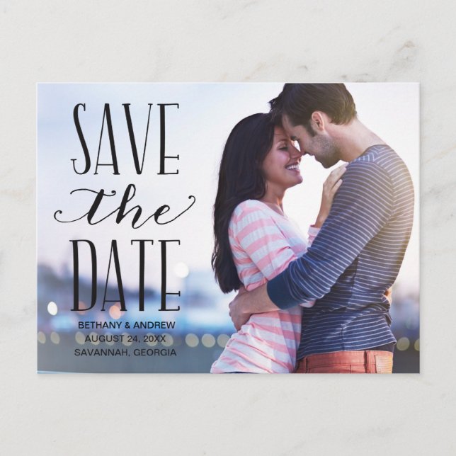 Rustic Lettering Overlay Photo Save the Date Announcement Postcard (Front)