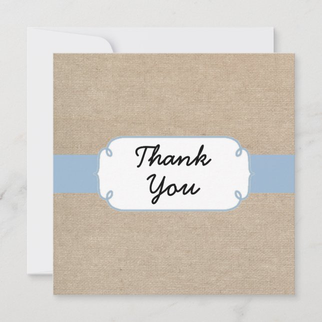Rustic Light Blue and Beige Burlap Thank You Card (Front)