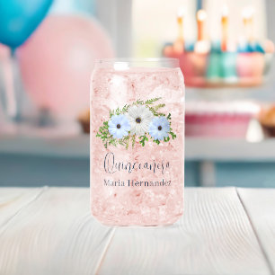 Rustic Light Blue and White Floral Quinceañera Can Glass