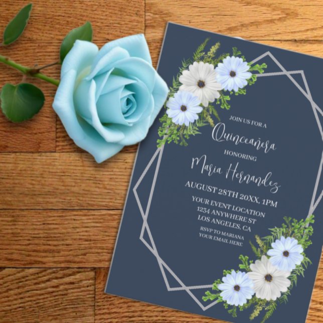 Rustic Light Blue and White Floral Quinceañera  Invitation (Creator Uploaded)