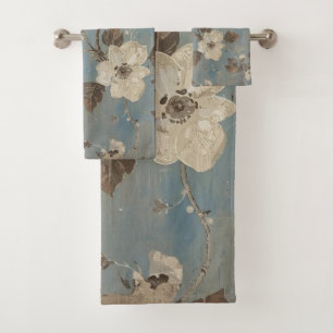 Rustic Light Blue Cocoa Brown Floral Print Bath Towel Set