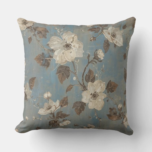 Rustic Light Blue Cocoa Brown Floral Print Cushion (Front)