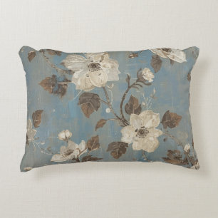 Rustic Light Blue Cocoa Brown Floral Print Decorative Cushion