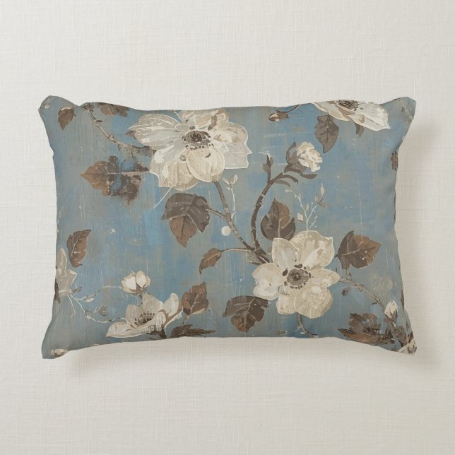 Rustic Light Blue Cocoa Brown Floral Print Decorative Cushion (Front)