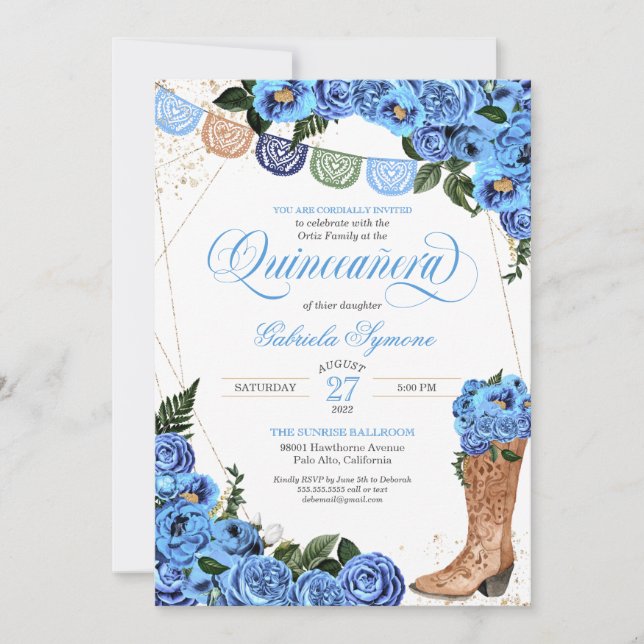 Rustic Light Blue Country Boots Charra Quinceañera Invitation (Front)
