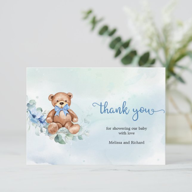 Rustic Light Blue Floral Teddy Bear Thank You Enclosure Card (Standing Front)