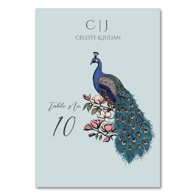 Rustic Light Blue Peacock Wedding Table Number (Front)