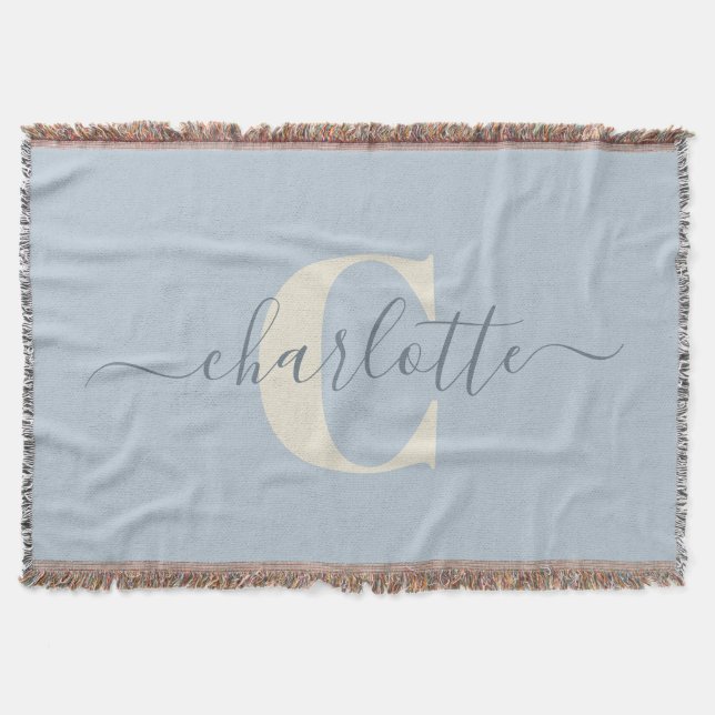 Rustic Light Blue Personalised Name Monogrammed  Throw Blanket (Front)