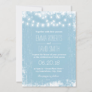 Rustic Light Blue String Lights Wedding Invitation